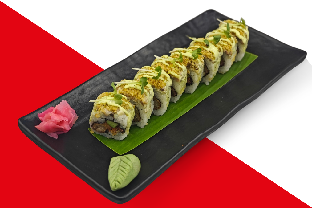 Ritchi Enoki Truffle Roll presented on black slate platter - overhead view showcasing 8 perfectly sliced pieces with golden truffle topping, garnished with microgreens and served with pickled ginger and wasabi on bamboo leaf