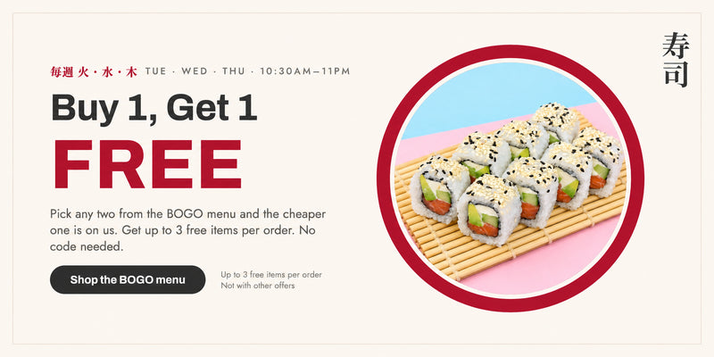Buy 1 Get 1 FREE · Every Tue, Wed and Thu · 11 AM–11 PM IST · Up to 3 free eligible items per order · No code needed.