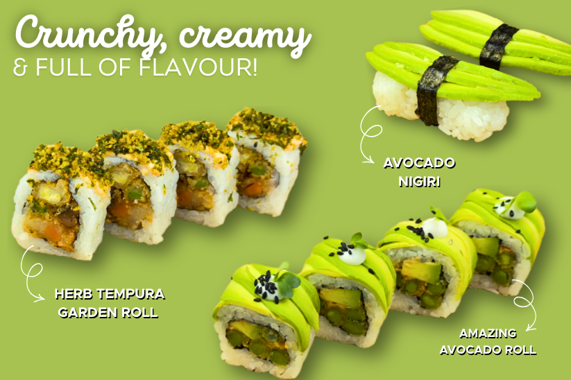 The Creamy Crunch Trio - Amazing Avocado Roll 4pcs + Herb Tempura Garden Roll 4pcs + Avocado Nigiri 2pcs