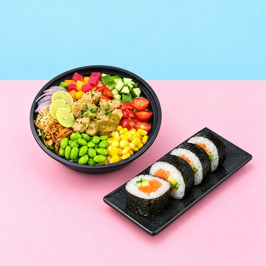 The Power Pair - Jumbo Salmon (8 Pcs) + Chicken Katsu Poke Bowl — partial view of the serving
