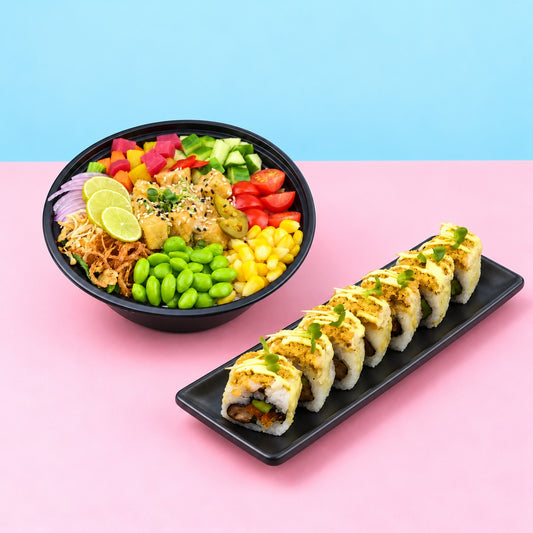 The Umami Duo - Tofu Poke Bowl + Ritchi Enoki Truffle Roll 4pcs — partial view of the serving