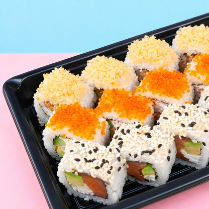 The Glowing Duo - Fusion Roll Box (12 Pcs) + Salmon Paradise (10 Pcs) — partial detail, not a complete serving.