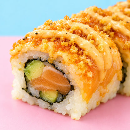 The Ultimate Sushi Duo - Kyoto Dragon Roll 4pcs + Crazy Salmon Roll 4pcs — partial texture close-up; not the complete serving