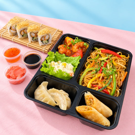 Delight Chilli Garlic Prawn — noodles bento with 4 prawn tempura sushi pieces
