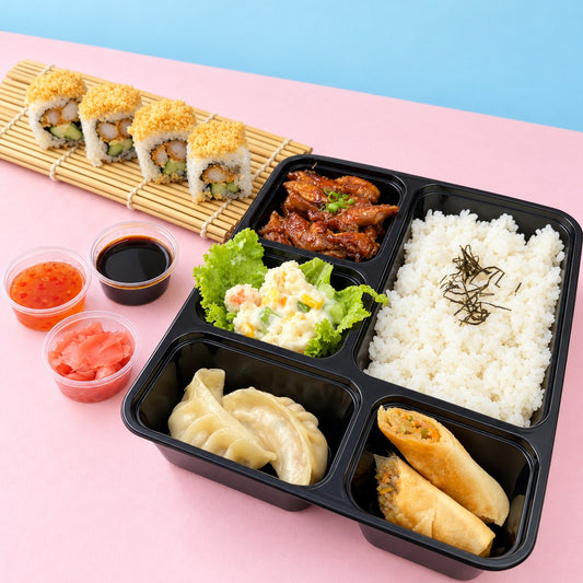 Fantastic Teriyaki — rice bento with 4 prawn tempura sushi pieces