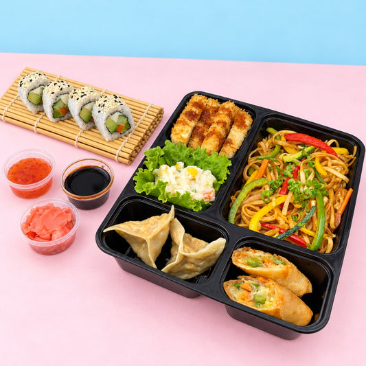 Mighty Veggie — tofu katsu and noodles bento with four vegetable sushi pieces
