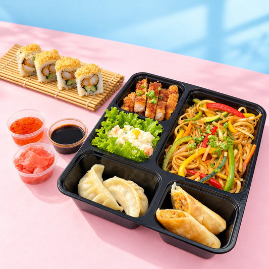 Samurai Katsu — noodles bento with 4 prawn tempura sushi pieces